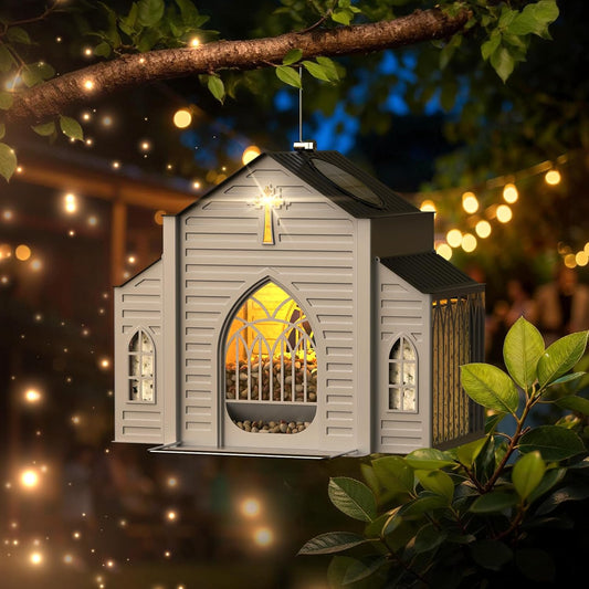 🔥Last day %49 off Church-Shaped Metal Bird Feeder with Solar Light – Hanging Outdoor Bird Feeder